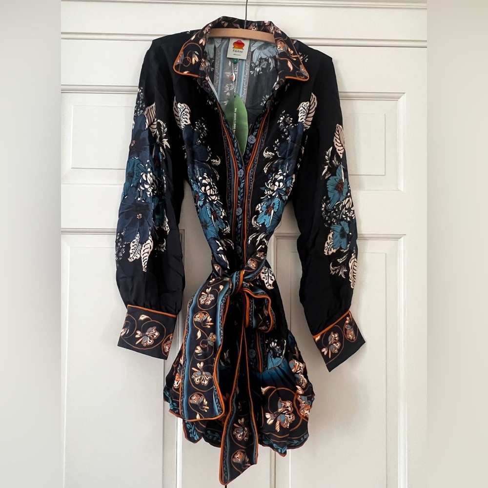Farm Rio Blossom Tapestry Black Long Sleeves Mini Dress